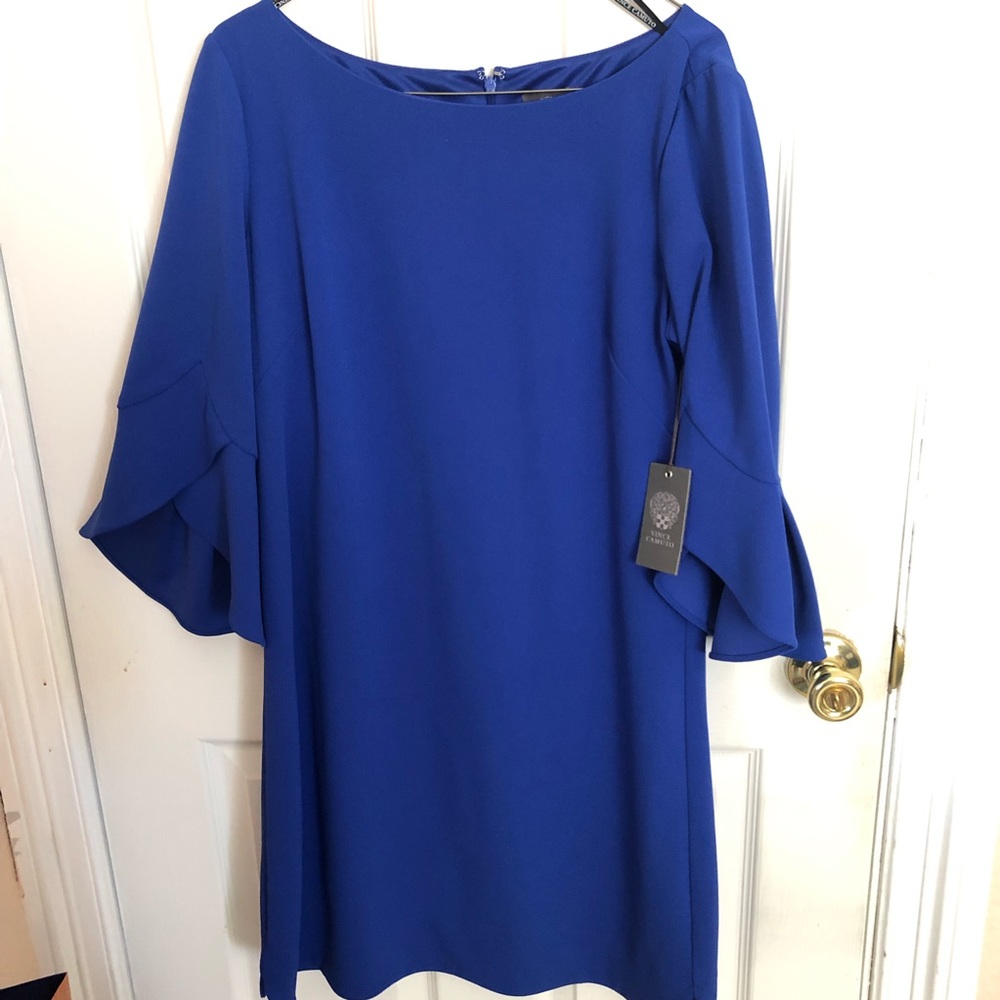 Blue shift dress with bell sleeves